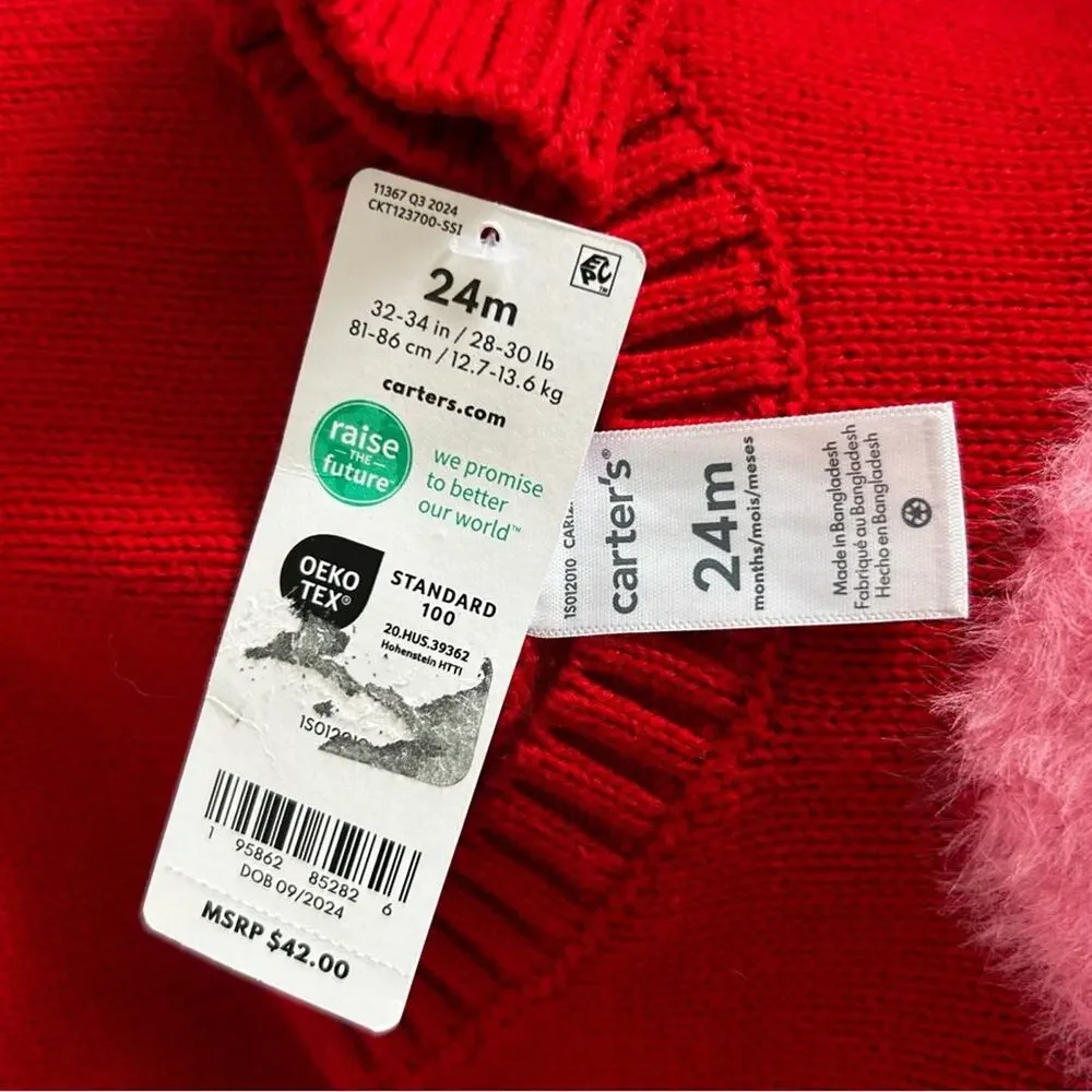 NWT Carters Fuzzy Heart Red‎ & Pink Crewneck Toddler Sweater Size 24 Months